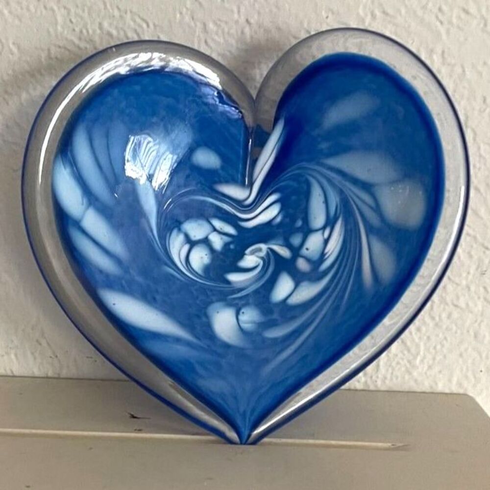 Glass Eye Studio Affection Glass Heart Blue Handblown Paperweight Trinket Dish